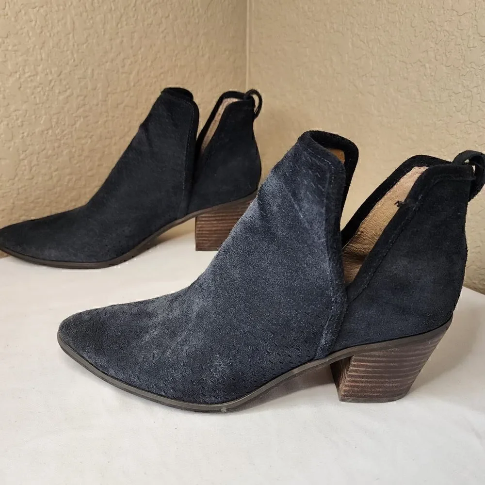 Lucky Brand- Loria Black Suede Leather Upper Heeled Booties Perforated, Size 8.5